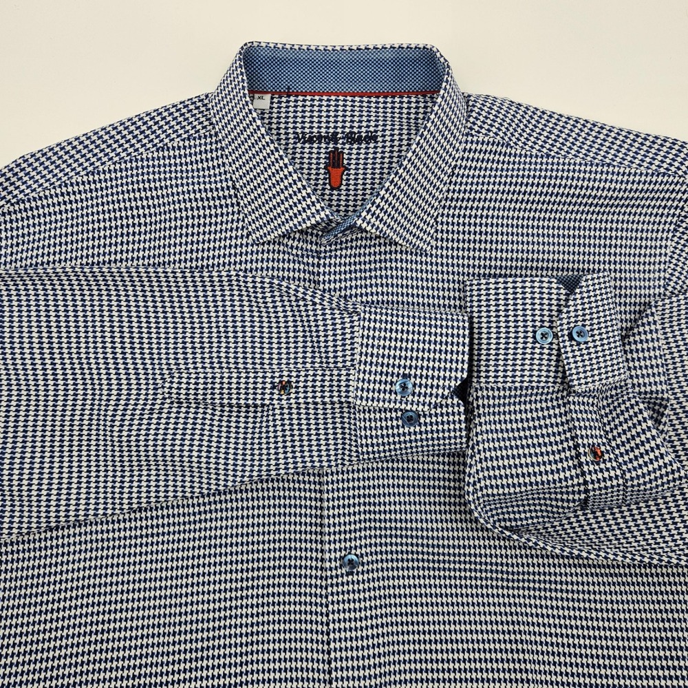 Luchiano Visconti Houndstooth Button Down Blue White Cotton Modal XL